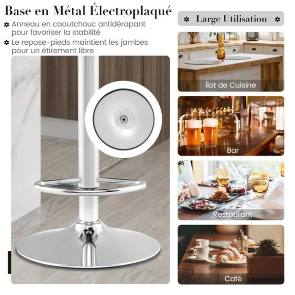 Lot de 2 Chaises de Bar Pivotantes Réglables avec Base en Métal Antidérapant et Repose-pieds Tabourets en Cuir PU Gris Et Blanc