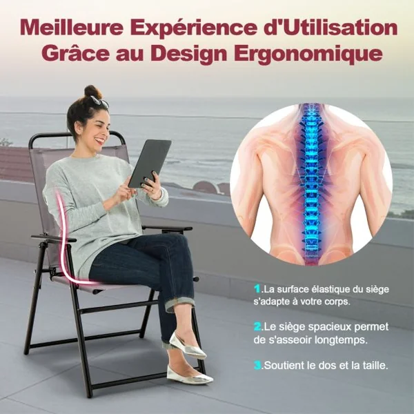 Lot de 2 Chaises de Jardin avec Cadre Métallique Chaises Pliantes en Tissu 2 Pièces avec Dossier Haut & Accoudoirs Noir