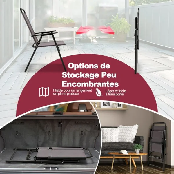 Lot de 2 Chaises de Jardin avec Cadre Métallique Chaises Pliantes en Tissu 2 Pièces avec Dossier Haut & Accoudoirs Noir