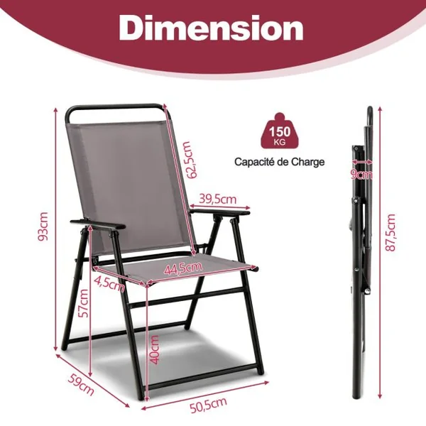 Lot de 2 Chaises de Jardin avec Cadre Métallique Chaises Pliantes en Tissu 2 Pièces avec Dossier Haut & Accoudoirs Noir