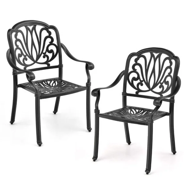 Lot de 2 Chaises de Jardin en Aluminium Coulé Fauteuil de Jardin Empilable avec Pieds Réglables Siège Incurvé Charge 165KG Noir