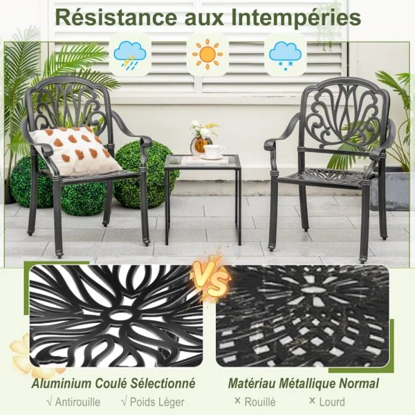 Lot de 2 Chaises de Jardin en Aluminium Coulé Fauteuil de Jardin Empilable avec Pieds Réglables Siège Incurvé Charge 165KG Noir
