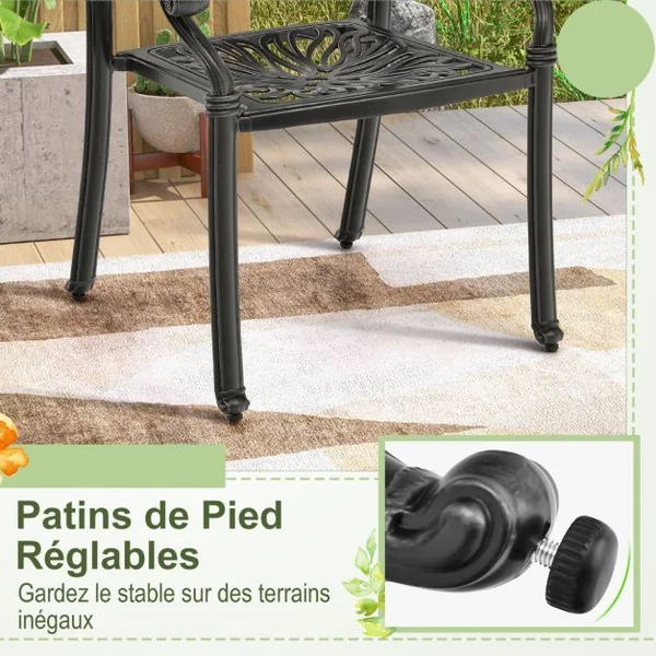 Lot de 2 Chaises de Jardin en Aluminium Coulé Fauteuil de Jardin Empilable avec Pieds Réglables Siège Incurvé Charge 165KG Noir