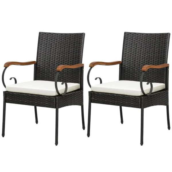 Lot de 2 Chaises de Jardin en Rotin PE Anti-UV Charge 180 KG Accoudoirs en Acacia Pieds Réglables et Coussins Lavables