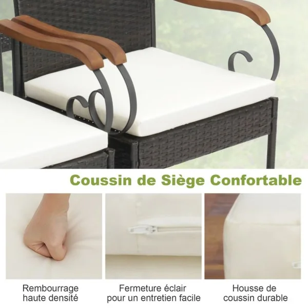 Lot de 2 Chaises de Jardin en Rotin PE Anti-UV Charge 180 KG Accoudoirs en Acacia Pieds Réglables et Coussins Lavables
