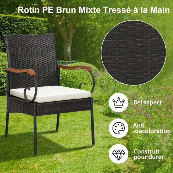 Lot de 2 Chaises de Jardin en Rotin PE Anti-UV Charge 180 KG Accoudoirs en Acacia Pieds Réglables et Coussins Lavables
