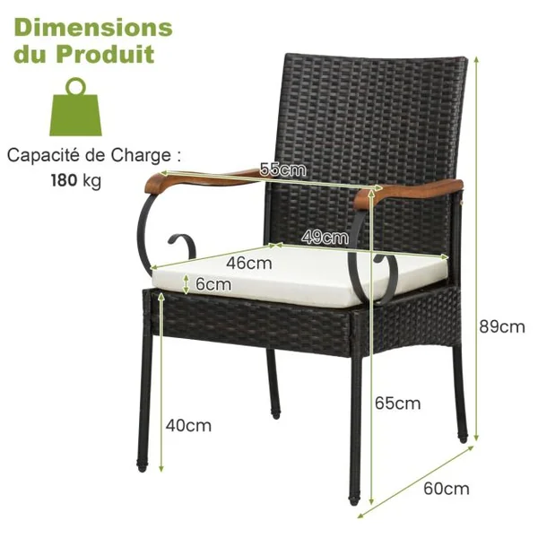 Lot de 2 Chaises de Jardin en Rotin PE Anti-UV Charge 180 KG Accoudoirs en Acacia Pieds Réglables et Coussins Lavables