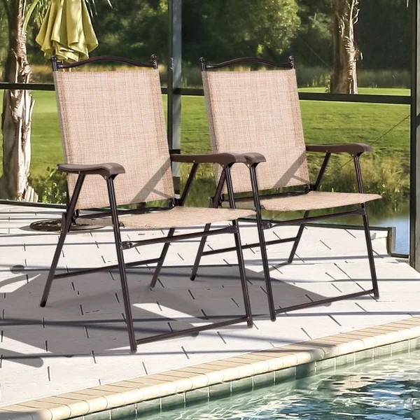 Lot de 2 Chaises de Jardin Pliantes en Textilène & Métal Fauteuil Jardin avec Accoudoirs Dossier pour Jardin Camping Beige
