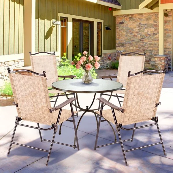 Lot de 2 Chaises de Jardin Pliantes en Textilène & Métal Fauteuil Jardin avec Accoudoirs Dossier pour Jardin Camping Beige