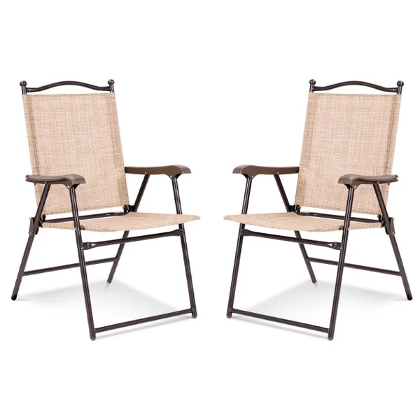 Lot de 2 Chaises de Jardin Pliantes en Textilène & Métal Fauteuil Jardin avec Accoudoirs Dossier pour Jardin Camping Beige