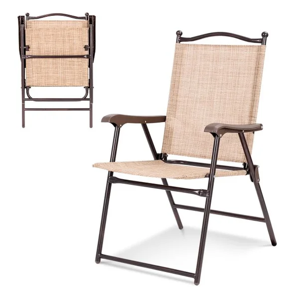 Lot de 2 Chaises de Jardin Pliantes en Textilène & Métal Fauteuil Jardin avec Accoudoirs Dossier pour Jardin Camping Beige