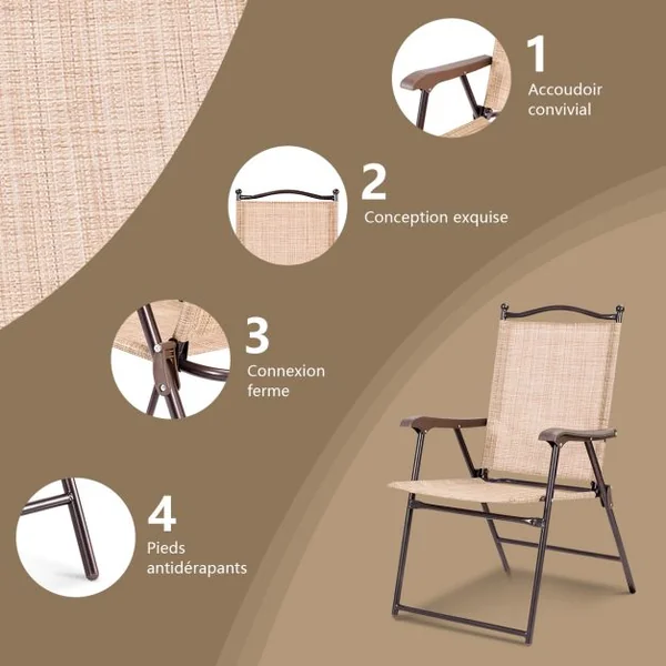 Lot de 2 Chaises de Jardin Pliantes en Textilène & Métal Fauteuil Jardin avec Accoudoirs Dossier pour Jardin Camping Beige