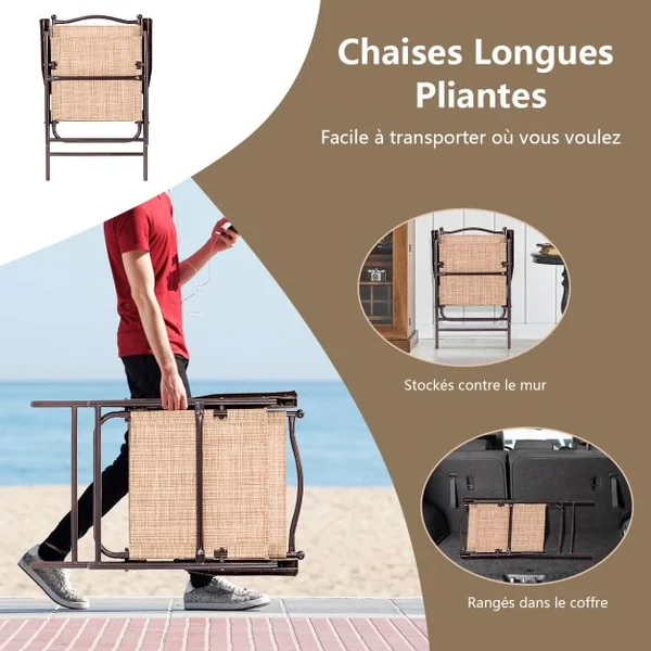 Lot de 2 Chaises de Jardin Pliantes en Textilène & Métal Fauteuil Jardin avec Accoudoirs Dossier pour Jardin Camping Beige
