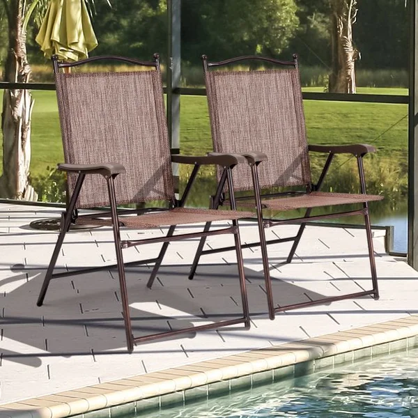Lot de 2 Chaises de Jardin Pliantes en Textilène & Métal Fauteuil Jardin avec Accoudoirs Dossier pour Plage Camping Café