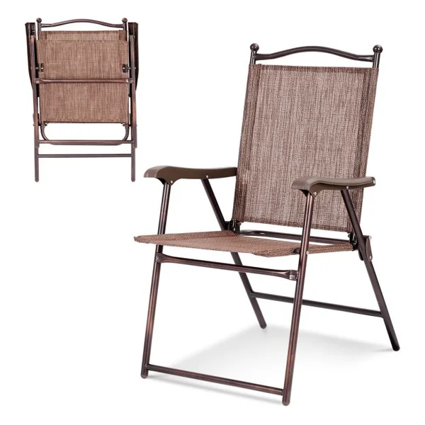Lot de 2 Chaises de Jardin Pliantes en Textilène & Métal Fauteuil Jardin avec Accoudoirs Dossier pour Plage Camping Café