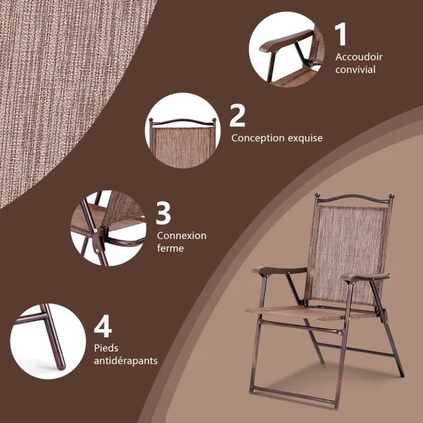Lot de 2 Chaises de Jardin Pliantes en Textilène & Métal Fauteuil Jardin avec Accoudoirs Dossier pour Plage Camping Café