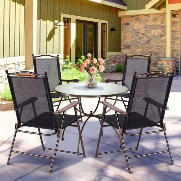 Lot de 2 Chaises de Jardin Pliantes en Textilène & Métal Fauteuil Jardin avec Accoudoirs Dossier pour Plage Camping Noir