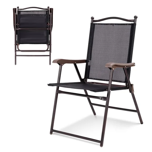 Lot de 2 Chaises de Jardin Pliantes en Textilène & Métal Fauteuil Jardin avec Accoudoirs Dossier pour Plage Camping Noir