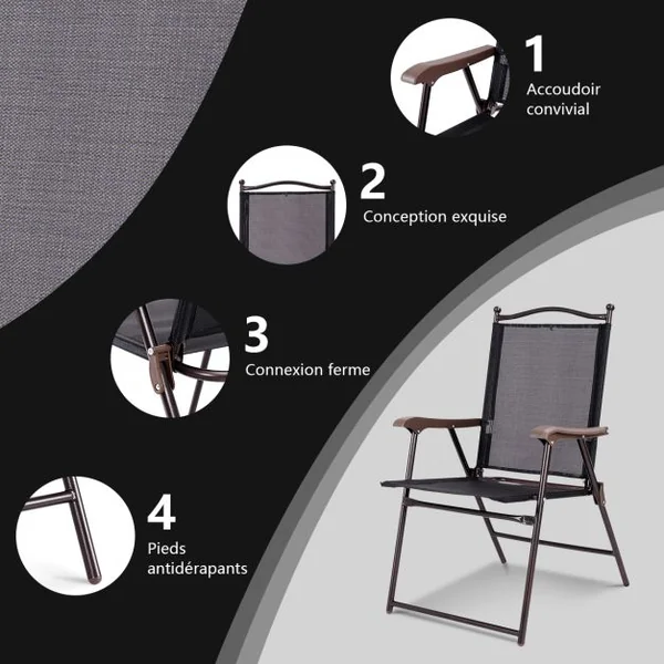 Lot de 2 Chaises de Jardin Pliantes en Textilène & Métal Fauteuil Jardin avec Accoudoirs Dossier pour Plage Camping Noir
