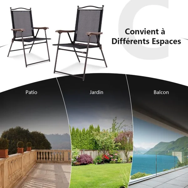 Lot de 2 Chaises de Jardin Pliantes en Textilène & Métal Fauteuil Jardin avec Accoudoirs Dossier pour Plage Camping Noir