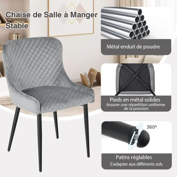 Lot de 2 Chaises de Salle à Manger Chaise d'Appoint de Cuisine Rembourrée avec Pieds en Métal Repose-pieds Réglables en Velours sans Accoudoirs Gris