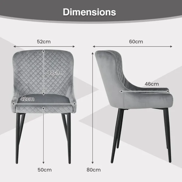 Lot de 2 Chaises de Salle à Manger Chaise d'Appoint de Cuisine Rembourrée avec Pieds en Métal Repose-pieds Réglables en Velours sans Accoudoirs Gris