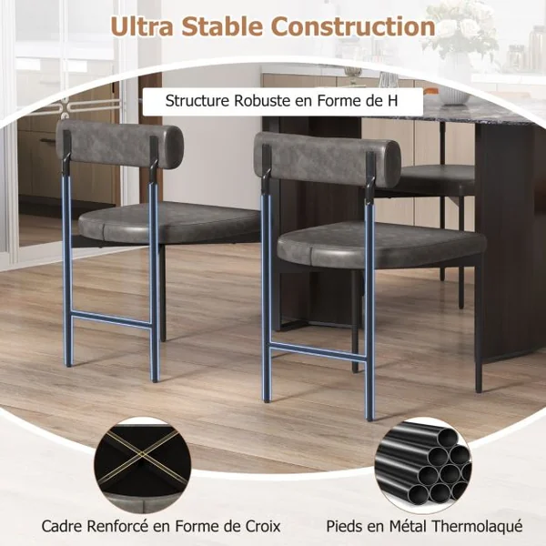 Lot de 2 Chaises de Salle à Manger Chaise de Cuisine Rembourrée en Similicuir Dossier Incurvé et Rembourré Siège en ‘U’ Gris