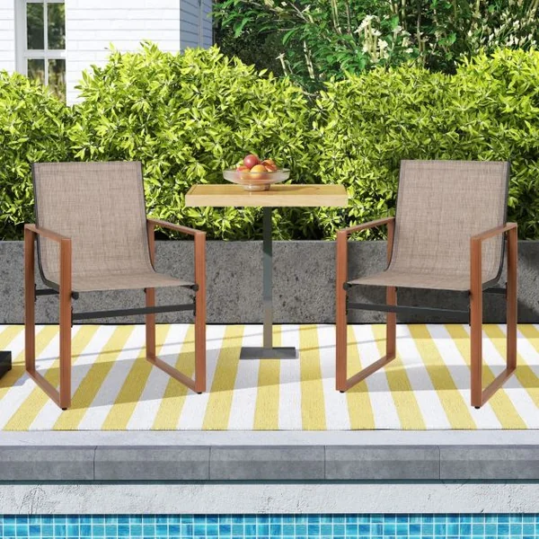Lot de 2 Chaises de Salle à Manger Chaise de Patio Siège et Dossier Respirants Accoudoirs Larges Cadre en Métal Chaise en Tissu Marron/Noir