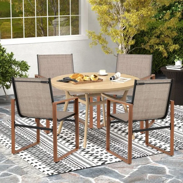 Lot de 2 Chaises de Salle à Manger Chaise de Patio Siège et Dossier Respirants Accoudoirs Larges Cadre en Métal Chaise en Tissu Marron/Noir