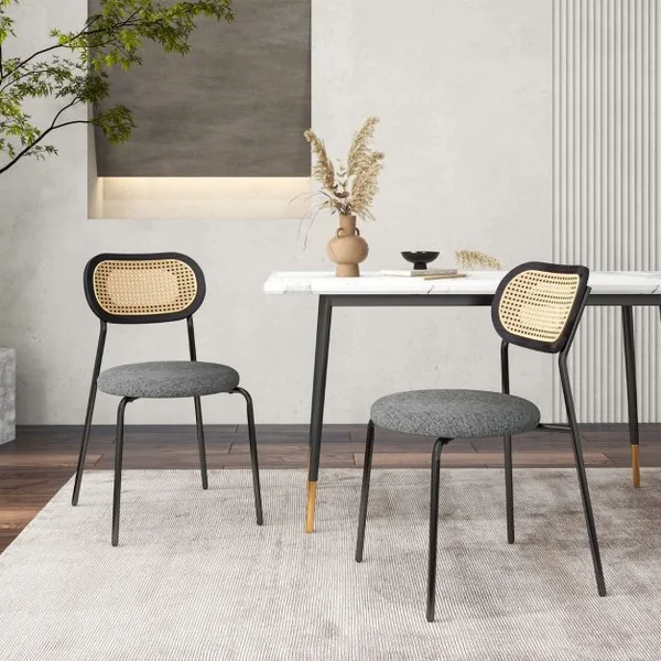 Lot de 2 Chaises de Salle à Manger en Rotin Siège Ronde Rembourrée en Tissu de Lin Hauteur d'Assise 46 cm 4 Pieds en Métal Style Bohême Noir