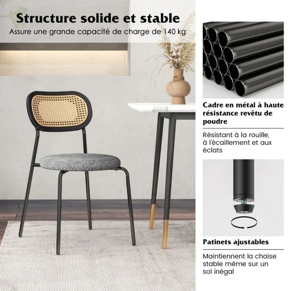 Lot de 2 Chaises de Salle à Manger en Rotin Siège Ronde Rembourrée en Tissu de Lin Hauteur d'Assise 46 cm 4 Pieds en Métal Style Bohême Noir