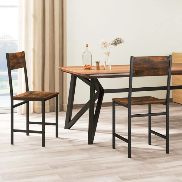 Lot de 2 Chaises de Salle à Manger Pieds en Métal Dossier Incliné Grain de Bois Rustique Chaises Sans Accoudoirs Marron Rustique
