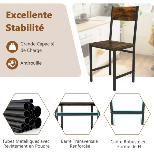 Lot de 2 Chaises de Salle à Manger Pieds en Métal Dossier Incliné Grain de Bois Rustique Chaises Sans Accoudoirs Marron Rustique