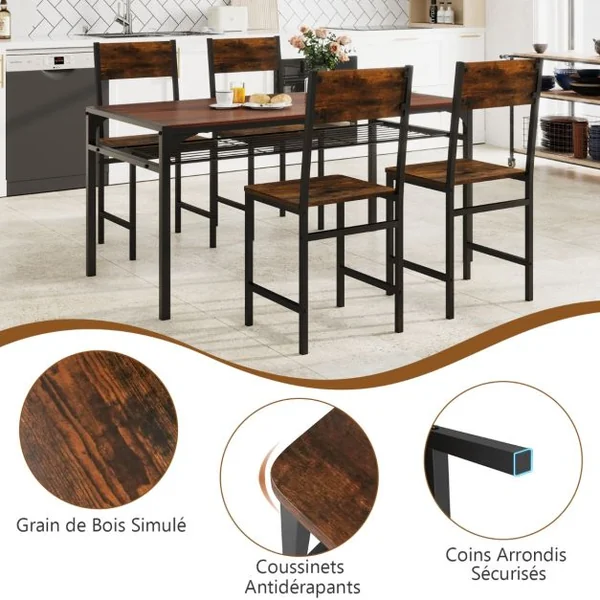 Lot de 2 Chaises de Salle à Manger Pieds en Métal Dossier Incliné Grain de Bois Rustique Chaises Sans Accoudoirs Marron Rustique