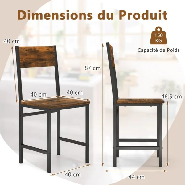 Lot de 2 Chaises de Salle à Manger Pieds en Métal Dossier Incliné Grain de Bois Rustique Chaises Sans Accoudoirs Marron Rustique