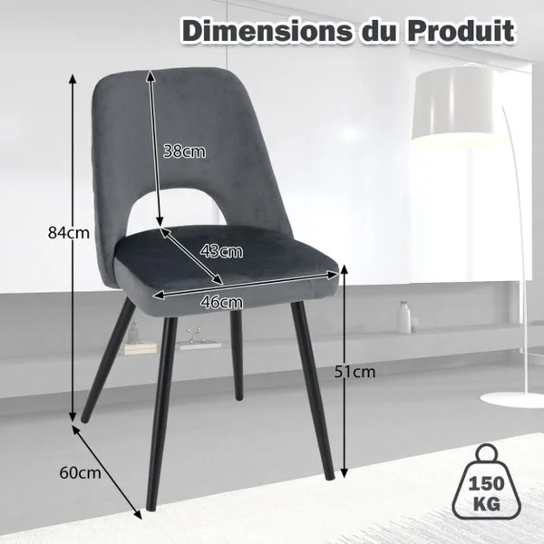 Lot de 2 Chaises de Salle à Manger Rembourrées avec Coussin en Eponge Haute Densité Repose-pieds Réglables Capacité 150 kg Gris