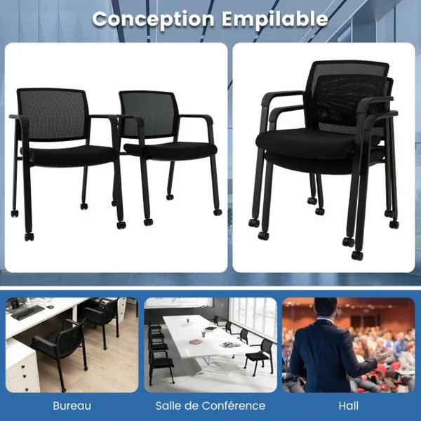 Lot de 2 Chaises de Salles de Réunion Chaises de Bureau Empilables en Maille Réception pour Salle d'Attente École Capacité 150 kg Noir