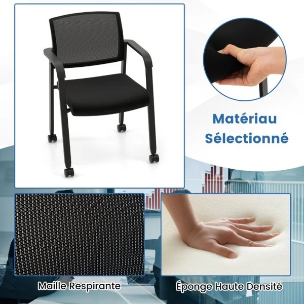 Lot de 2 Chaises de Salles de Réunion Chaises de Bureau Empilables en Maille Réception pour Salle d'Attente École Capacité 150 kg Noir