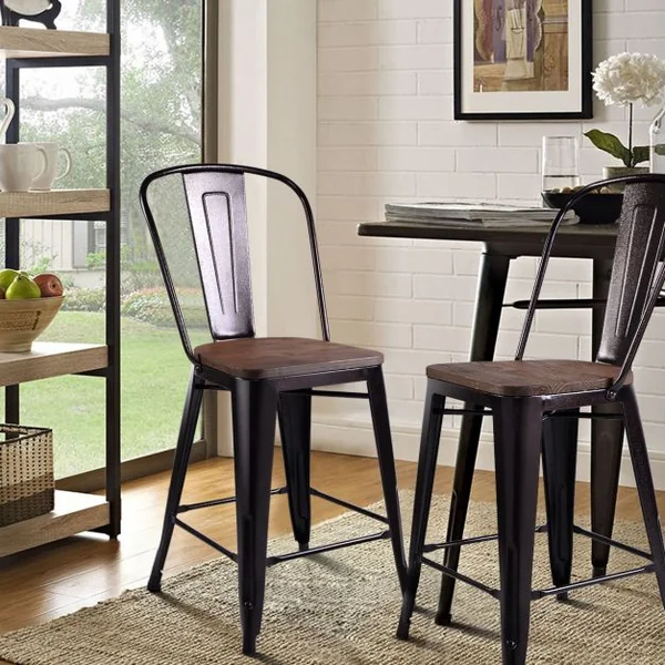 Lot de 2 Chaises de Style Industriel pour Bar Restaurant Cuisine Dossier en Métal Siège en Orme 45x52x99cm Bronze
