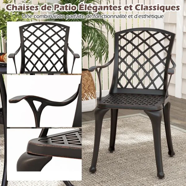 Lot de 2 Chaises de Terrasse en Fonte d’Aluminium Fauteuil d’Extérieur Robuste avec Siège Incurvé Ergonomique Repose-pieds Réglables