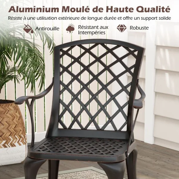 Lot de 2 Chaises de Terrasse en Fonte d’Aluminium Fauteuil d’Extérieur Robuste avec Siège Incurvé Ergonomique Repose-pieds Réglables
