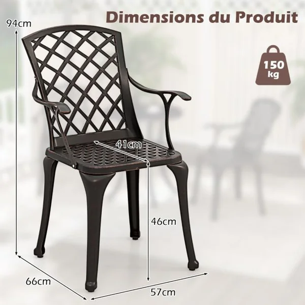 Lot de 2 Chaises de Terrasse en Fonte d’Aluminium Fauteuil d’Extérieur Robuste avec Siège Incurvé Ergonomique Repose-pieds Réglables