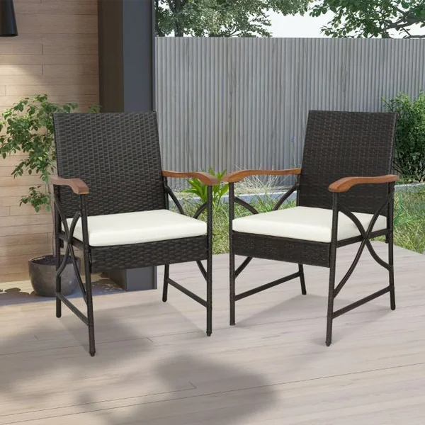 Lot de 2 Chaises de Terrasse en Osier Fauteuilss d'Extérieur en Rotin PE avec Coussin Doux Cadre en Métal et Osier Résistant aux Intempéries