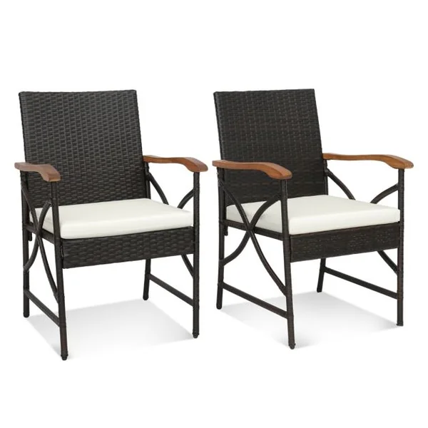 Lot de 2 Chaises de Terrasse en Osier Fauteuilss d'Extérieur en Rotin PE avec Coussin Doux Cadre en Métal et Osier Résistant aux Intempéries