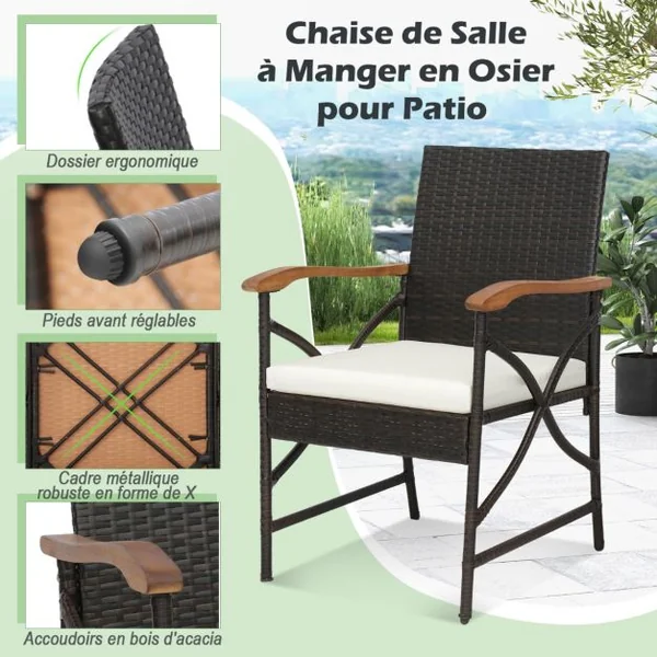 Lot de 2 Chaises de Terrasse en Osier Fauteuilss d'Extérieur en Rotin PE avec Coussin Doux Cadre en Métal et Osier Résistant aux Intempéries