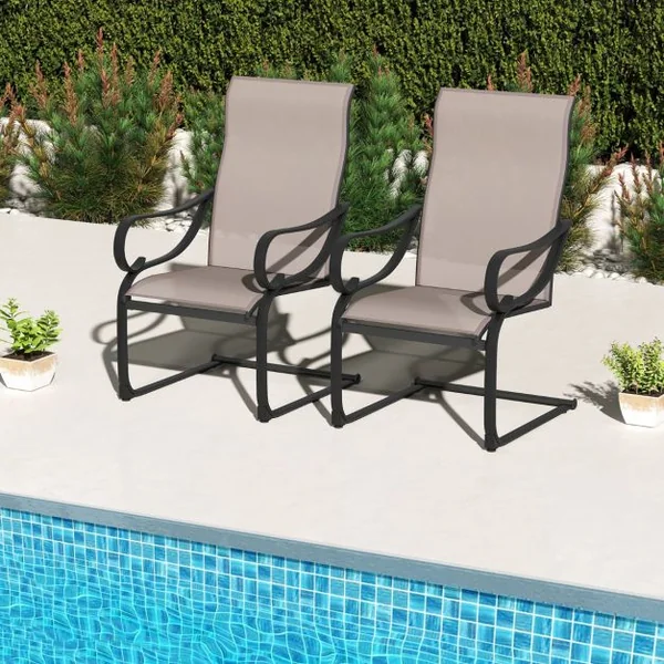 Lot de 2 Chaises d’Extérieur à Ressorts en ‘C’ Chaises à Dossier Haut avec Siège et Dossier en Tissu Maillé Chaises à Bascule en Métal Gris