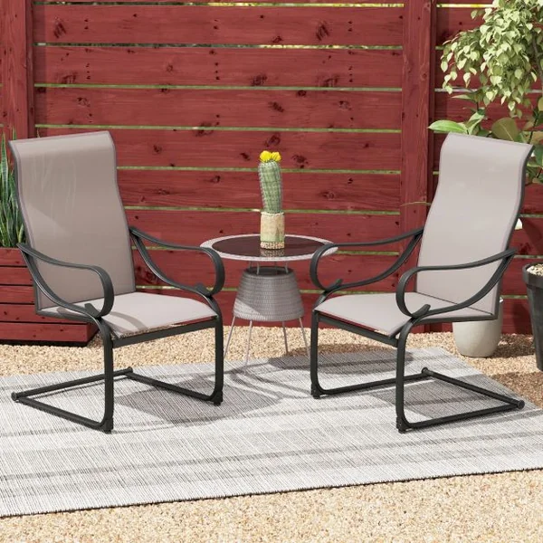Lot de 2 Chaises d’Extérieur à Ressorts en ‘C’ Chaises à Dossier Haut avec Siège et Dossier en Tissu Maillé Chaises à Bascule en Métal Gris