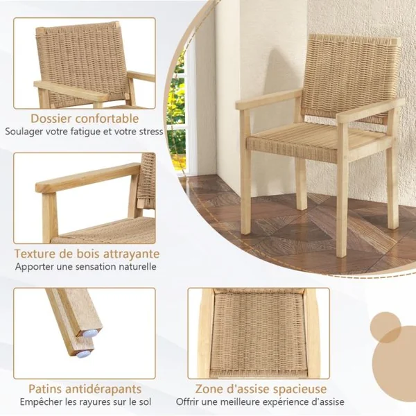 Lot de 2 Chaises en Bois avec Siège en Papier Tressé Chaise de Salle à Manger Moderne avec Cadre en Bois Caoutchouc Robuste Naturel