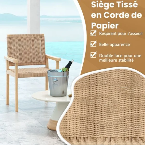Lot de 2 Chaises en Bois avec Siège en Papier Tressé Chaise de Salle à Manger Moderne avec Cadre en Bois Caoutchouc Robuste Naturel