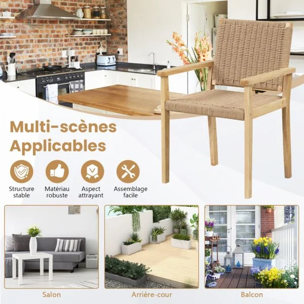 Lot de 2 Chaises en Bois avec Siège en Papier Tressé Chaise de Salle à Manger Moderne avec Cadre en Bois Caoutchouc Robuste Naturel